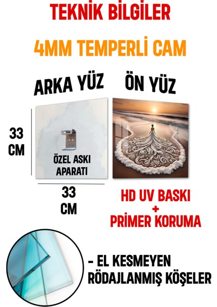 3D Görünümlü Temperli Cam Tablo – Gelin ve Deniz Teması Duvar Süsü Uv Baskı 33X33 CM-CTK148