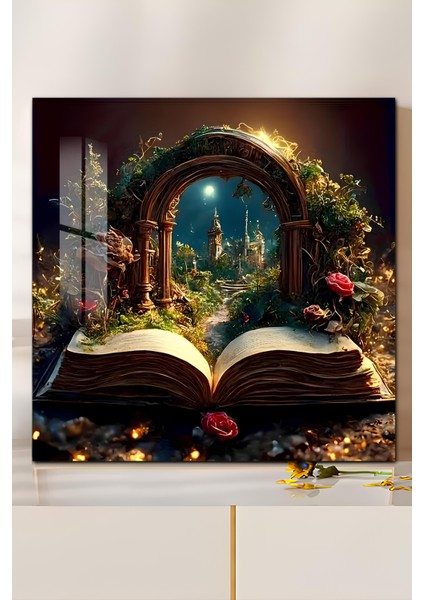 3D Görünümlü Temperli Cam Tablo – Fantastik Kitap Kapısı Uv Baskı 33X33 CM-CTK116