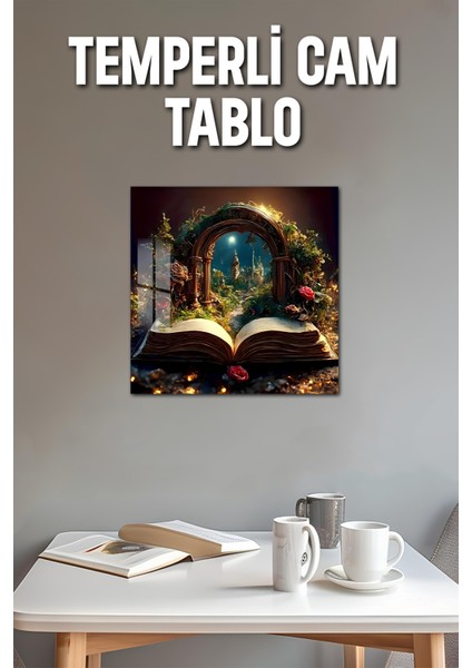 3D Görünümlü Temperli Cam Tablo – Fantastik Kitap Kapısı Uv Baskı 33X33 CM-CTK116