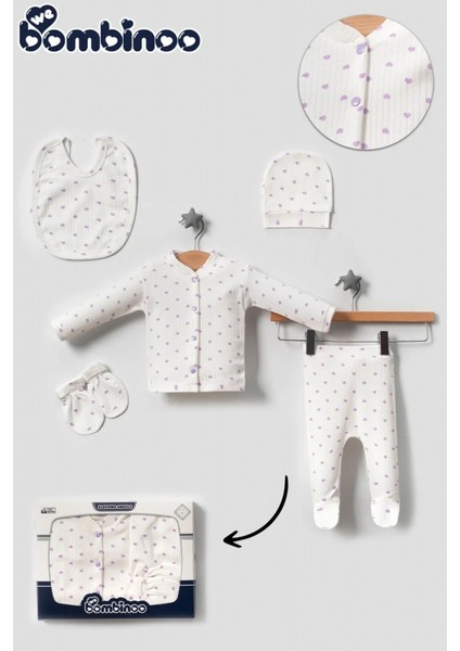 Organik 5 Parça Yeni Doğan Zıbın Set Hastane Cıkışı Fitilli Ekru Kumaşa Kutulu Casual/