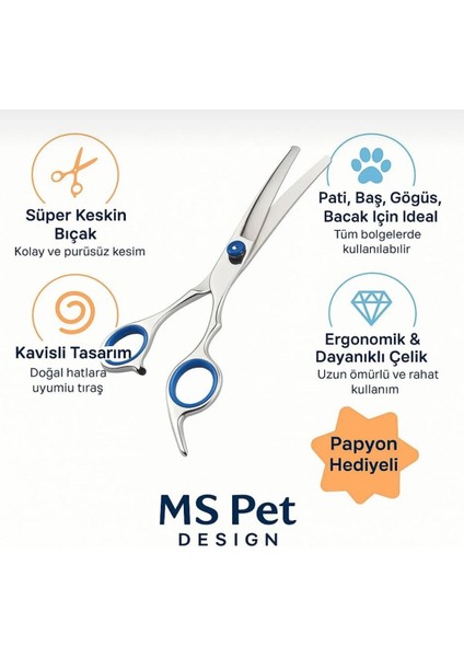 7.5" Kavisli/oval Profesyonel Kedi/köpek Tiras Makasi-Papyon Hediyeli