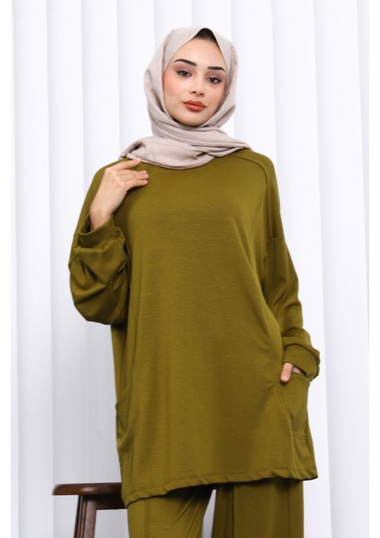 Yağ Yeşili Ön Detaylı Modal Tunik Pantolonlu Takım modelleri