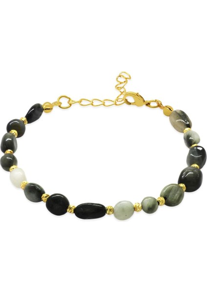 Altın Renk Metal Zincirli Dorika Top Süslemeli Amorf Şahin Gözü Doğaltaş Kadın Bileklik