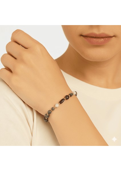 Altın Renk Metal Zincirli Dorika Top Süslemeli Amorf Şahin Gözü Doğaltaş Kadın Bileklik modelleri