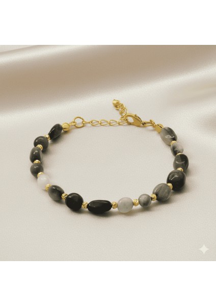 Altın Renk Metal Zincirli Dorika Top Süslemeli Amorf Şahin Gözü Doğaltaş Kadın Bileklik fırsatları