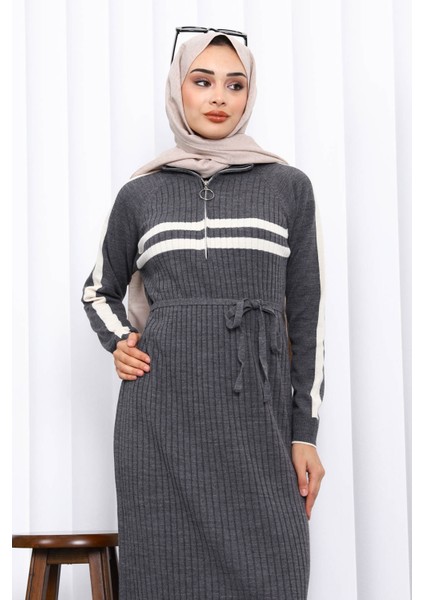 Füme Yaka Fermuarlı Fitilli Çizgili Triko Elbise modelleri