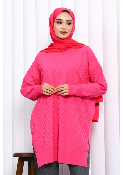 Fuşya Bisiklet Yaka Soğuk İplik Triko Tunik