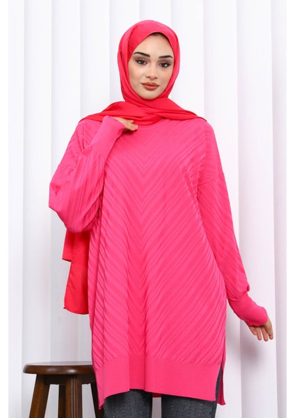 Fuşya Bisiklet Yaka Soğuk İplik Triko Tunik modelleri