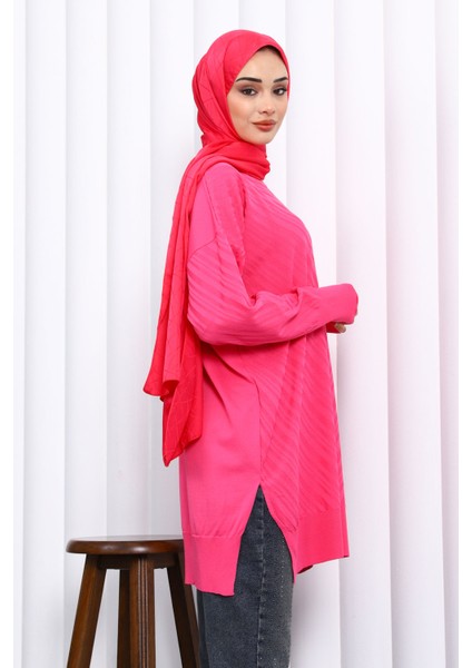 Fuşya Bisiklet Yaka Soğuk İplik Triko Tunik fırsatları