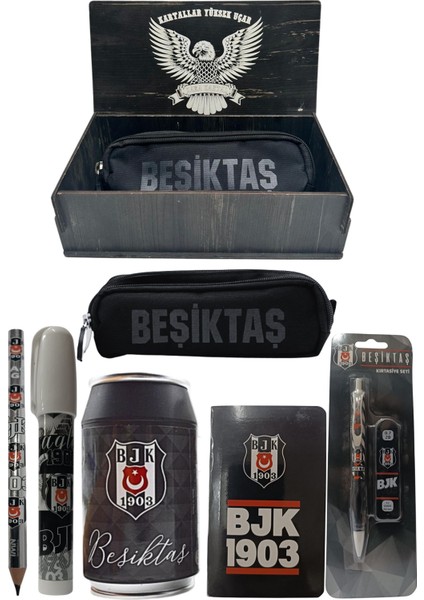 Beşiktaş Orjinal Lisanslı Siyah Kutu Kalemtraş Ahşap Kutulu 6'lı Kırtasiye Seti