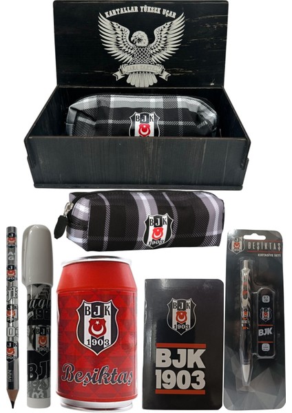 Beşiktaş Orjinal Lisanslı Kırmızı Kutu Kalemtraş Ahşap Kutulu 6'lı Kırtasiye Seti