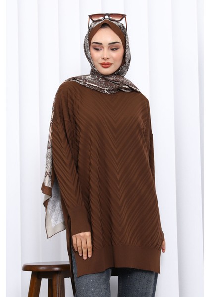 Kahverengi Bisiklet Yaka Soğuk İplik Triko Tunik