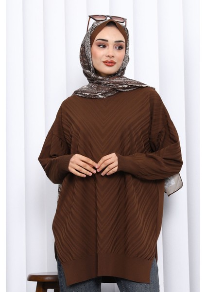 Kahverengi Bisiklet Yaka Soğuk İplik Triko Tunik modelleri