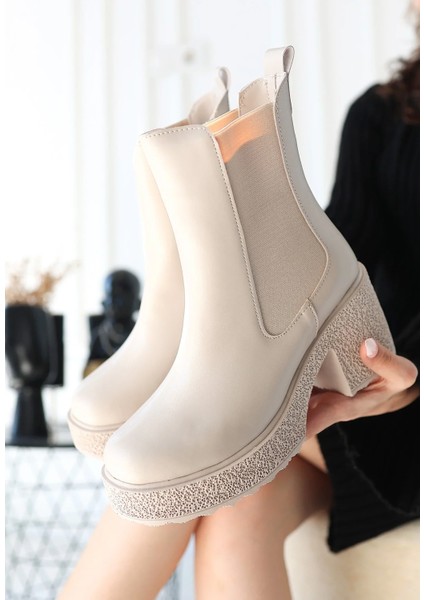 Paigo Bej Cilt Topuklu Bot