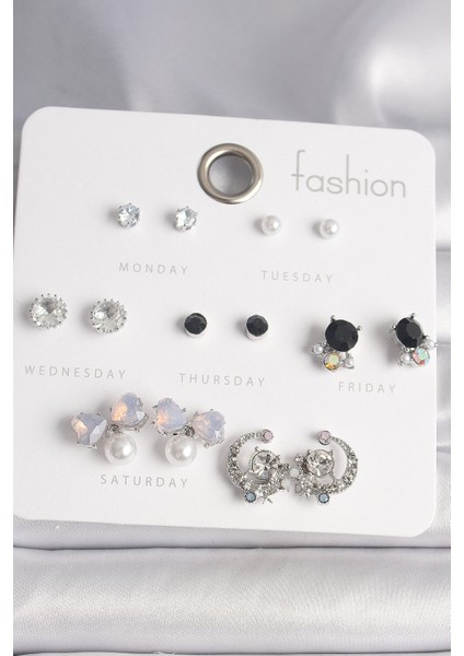 Pirinç Gümüş Renk Zirkon Taşlı Fiyonk Figür Inci Detay 7 Çift Kadın Küpe Seti - TJ-BKP10140