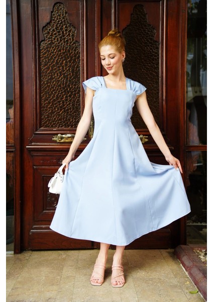 U Yaka Prenses Elbise Mavi S255101