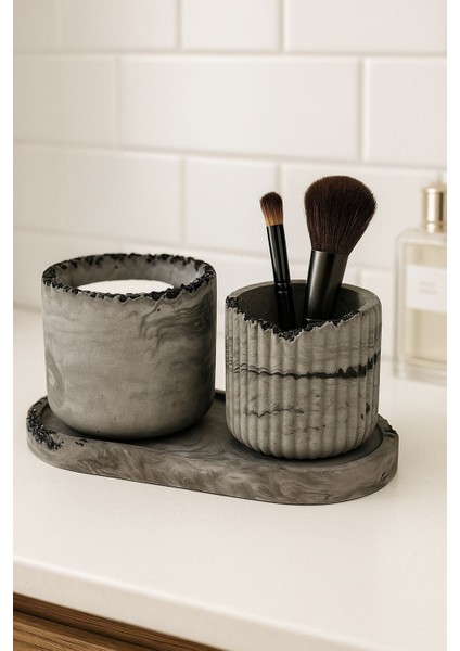 Gri Mermer Desenli Beton Makyaj Fırçalık ve Pamukluk Seti (3’lü – Standlı)