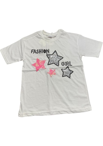 Farklı Tarz Eğlenceli Payetli Yıldız Işlemeli Kız Pamuklu Beyaz Tişört