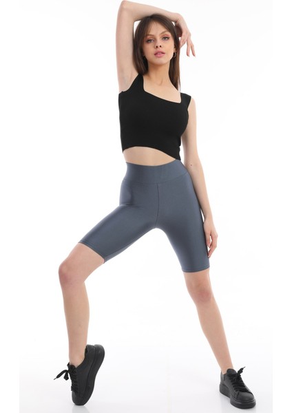 Ekstra Yüksek Bel Antrasit Diz Üstü Kısa Disco Parlak Tayt