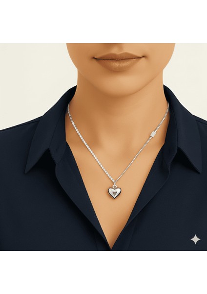 Kadın Çelik Kolye - Isme Özel Yazılı - Kalp Tasarım - Beyaz Zirkon Taşlı - Gümüş Renk modelleri