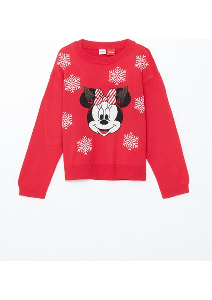 Yeni Sezon Bisiklet Yaka Minnie Mouse Desenli Kız Çocuk Triko Kazak