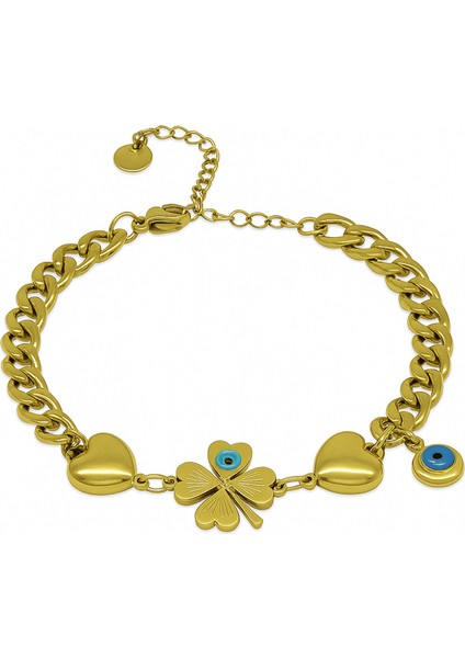 Kadın Çelik Bileklik - Gurmet Model - Yonca Yaprağı Detaylı - Kalp Süslemeli - Altın Renk