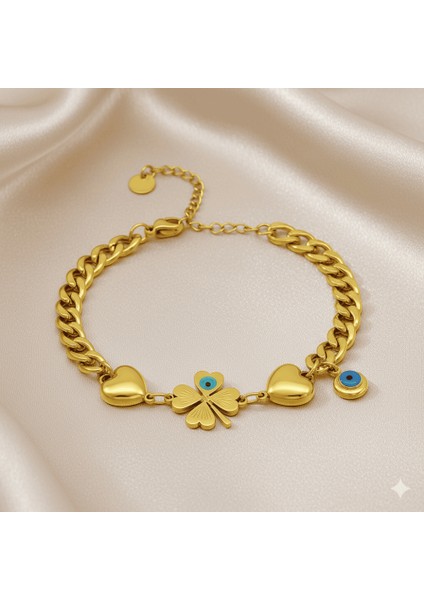 Kadın Çelik Bileklik - Gurmet Model - Yonca Yaprağı Detaylı - Kalp Süslemeli - Altın Renk fırsatları