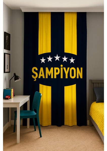 Taraftar Sarı Lacivert Çift Kanatlı Fon Perde