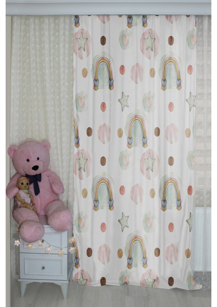 Yıldızlı Gökkuşağı Çift Kanatlı Çocuk Odası Perdesi