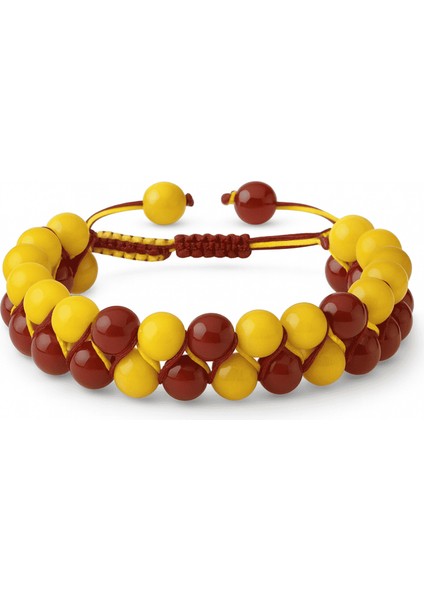 Çift Sıra Makrome Örgülü Küre Kesim Sarı Kırmızı Jade Akik Hematit Doğaltaş Kadın Taraftar Bileklik
