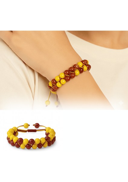 Çift Sıra Makrome Örgülü Küre Kesim Sarı Kırmızı Jade Akik Hematit Doğaltaş Kadın Taraftar Bileklik fiyatları