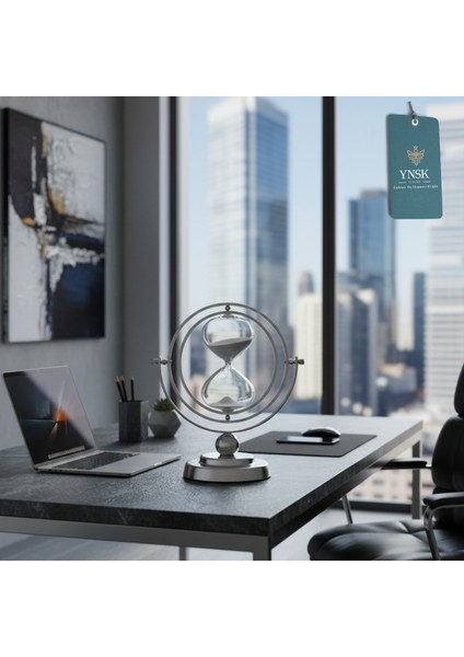 Gümüş Renk Metal Döner Yuvarlak Kum Saati – 15 Dakikalık Modern Dekoratif Zaman Ölçer (24X22 Cm)