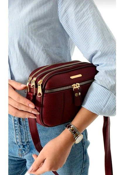 Kadın Sincap Bordo 4 Bölmeli Suni Deri Orta Boy Fermuar Kapama El Kol ve Omuz Çantası