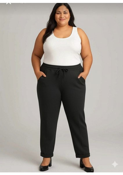 Büyük Beden Kadın %92 Pamuk %8 Likra Premium Kalite Yüksek Bel Duble Paça Bağcıklı Pantolon