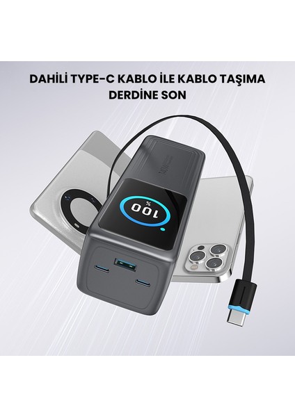 140W Süper Hızlı Şarj 30000MAH Powerbank – Type-C Dahili Kablo – 3 Çıkışlı, LED Ekran, Laptop Uyumlu modelleri