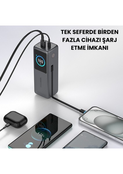 140W Süper Hızlı Şarj 30000MAH Powerbank – Type-C Dahili Kablo – 3 Çıkışlı, LED Ekran, Laptop Uyumlu fırsatları