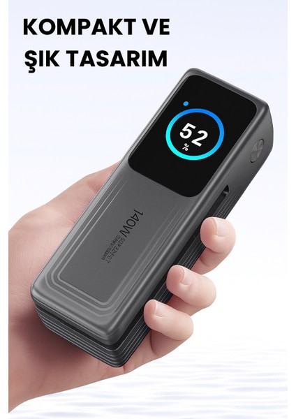 140W Süper Hızlı Şarj 30000MAH Powerbank – Type-C Dahili Kablo – 3 Çıkışlı, LED Ekran, Laptop Uyumlu