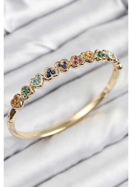 Pirinç Renkli Zirkon Taşlı Sıralı Kalp Model Gold Renk Kadın Kelepçe - TJ-BB7681