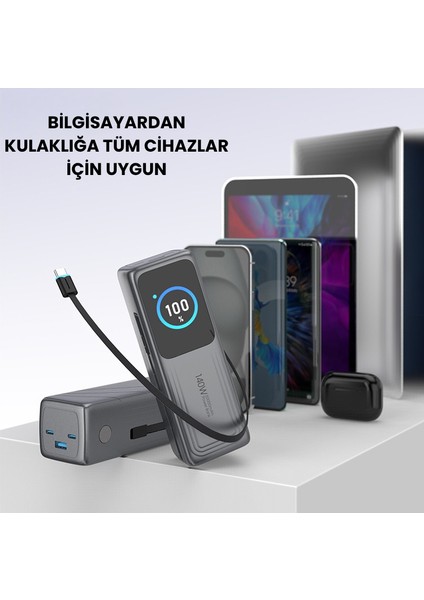 140W Süper Hızlı Şarj 30000MAH Powerbank – Type-C Dahili Kablo – 3 Çıkışlı, LED Ekran, Laptop Uyumlu