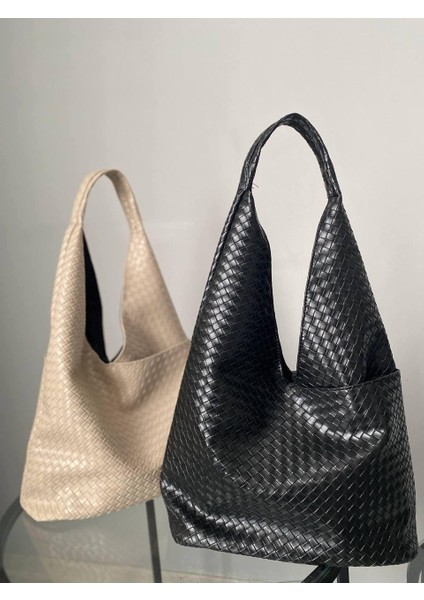 Siyah Kadın Örgü Desenli Bottega Deri Omuz Çantası fiyatları