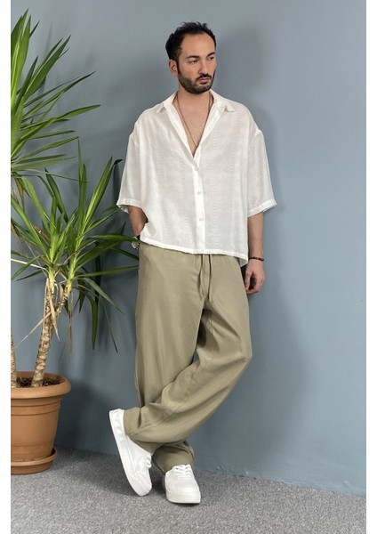 Nakışlı Oversize Asimetrik Kısa Kol Gömlek Haki modelleri