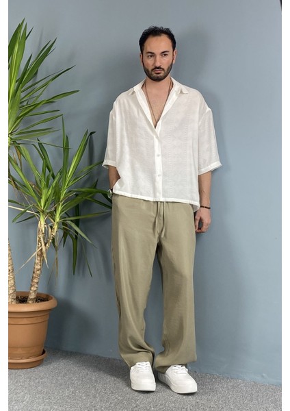 Nakışlı Oversize Asimetrik Kısa Kol Gömlek Haki indirimleri