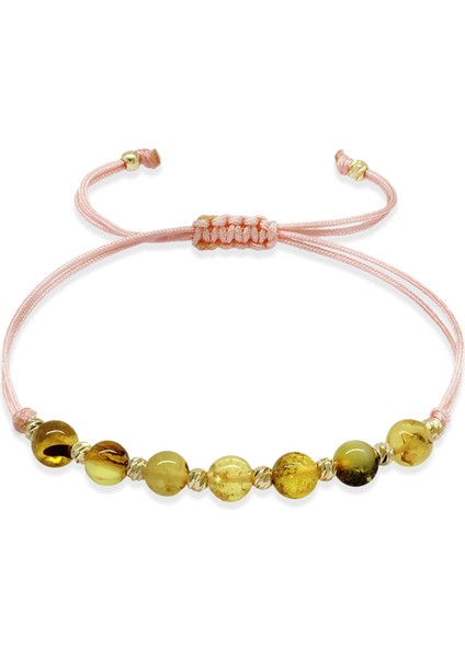 Makrome Örgülü Küre Kesim Pembe Ip Dorika Top Sarı Renk Fosilli Doğal Damla Kehribar Kadın Bileklik fiyatları