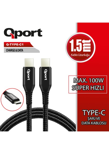 Qport Q-Type-C1 1.5m Type-C 100W Şarj ve Data Kablosu
