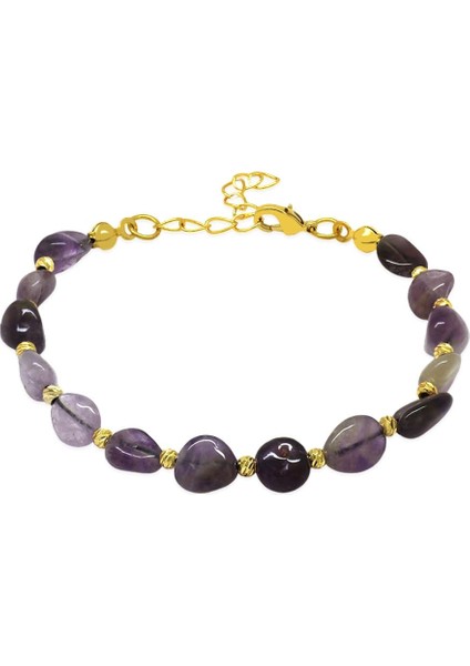 Altın Renk Metal Zincirli Dorika Top Süslemeli Amorf Ametist Doğaltaş Kadın Bileklik