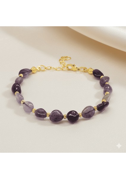 Altın Renk Metal Zincirli Dorika Top Süslemeli Amorf Ametist Doğaltaş Kadın Bileklik fırsatları