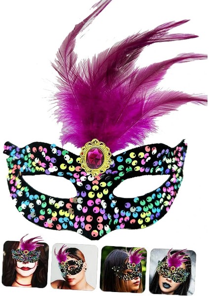 Ieg® Siyah Kadife Üzeri Rengarenk Payetli Pullu Pembe Tüylü Pembe Taşlı Parti Maskesi 19X21 cm (488