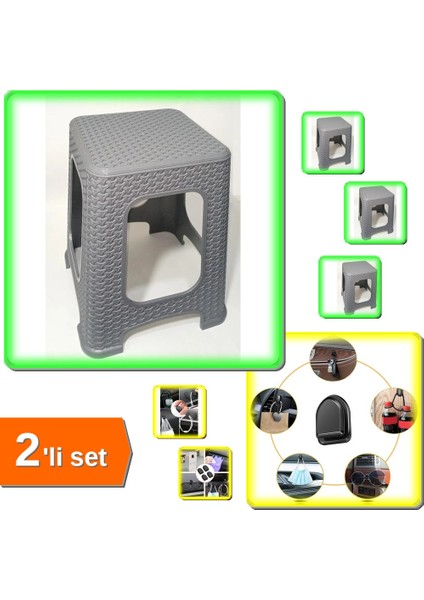 Büyük Gri Tabure 45 cm Kir Tutmaz + 10 Adet Kablo Düzenleyici Organizer Askı Kanca - 2li Set Q4S6D8