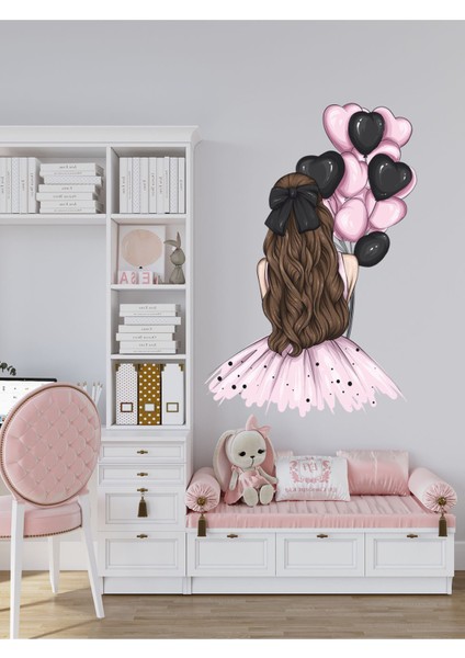 Çocuk Odası Pembe Elbiseli, Pembe Siyah Balonlu Kız Cam, Duvar Sticker