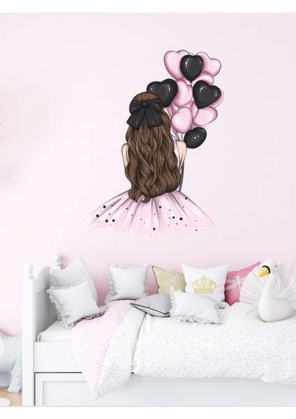Çocuk Odası Pembe Elbiseli, Pembe Siyah Balonlu Kız Cam, Duvar Sticker fiyatları